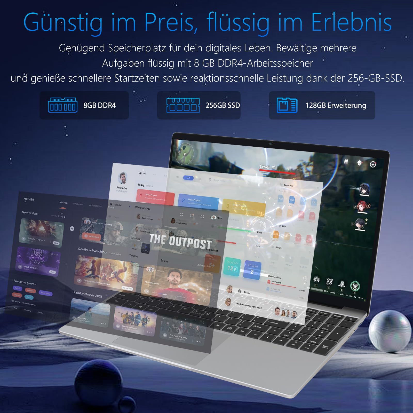 Laptop 15,6 Zoll Full HD IPS Display | Notebook mit Fingerabdruck-ID & Beleuchteter Tastatur, 8GB RAM 256GB SSD, Intel Quad-Core N5100, Schlankes Design für Business, Uni & Home Office