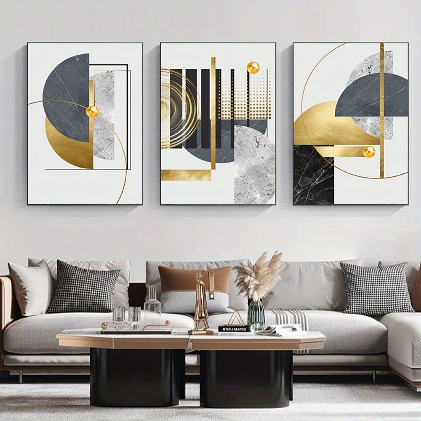 YIUEYI Pinturas en lienzo con patrón de arte geométrico dorado abstracto, carteles de lámina dorada, cuadros de pared modernos para sala de estar, decoración del hogar, 11x14in-28x36cmx3 con marco