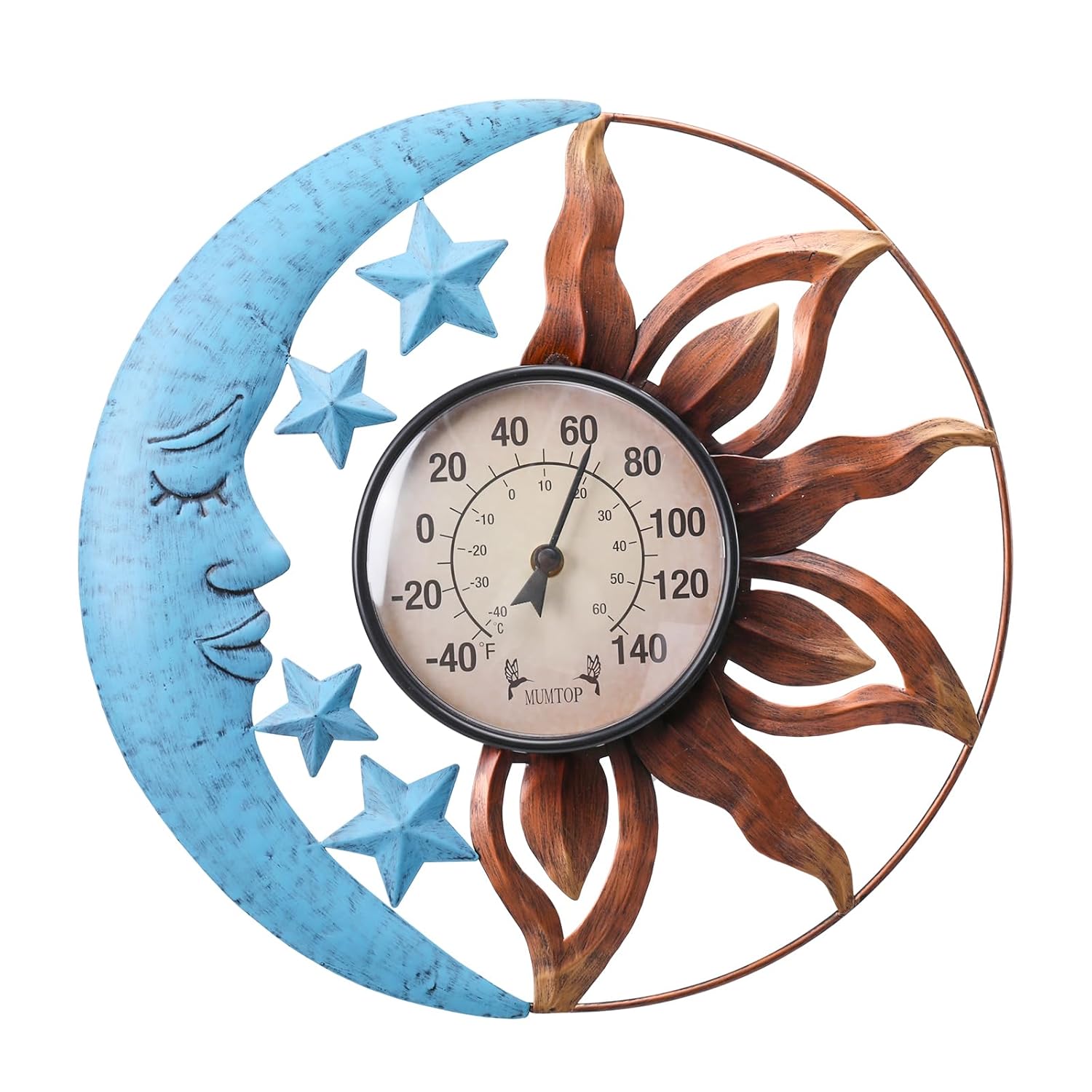 MUMTOP Indoor Outdoor Thermometer - Sun and Moon Wall Thermometer with Star, Outdoor Thermometers for Patio, Room, Greenhouse, Outside, Garden Decor
