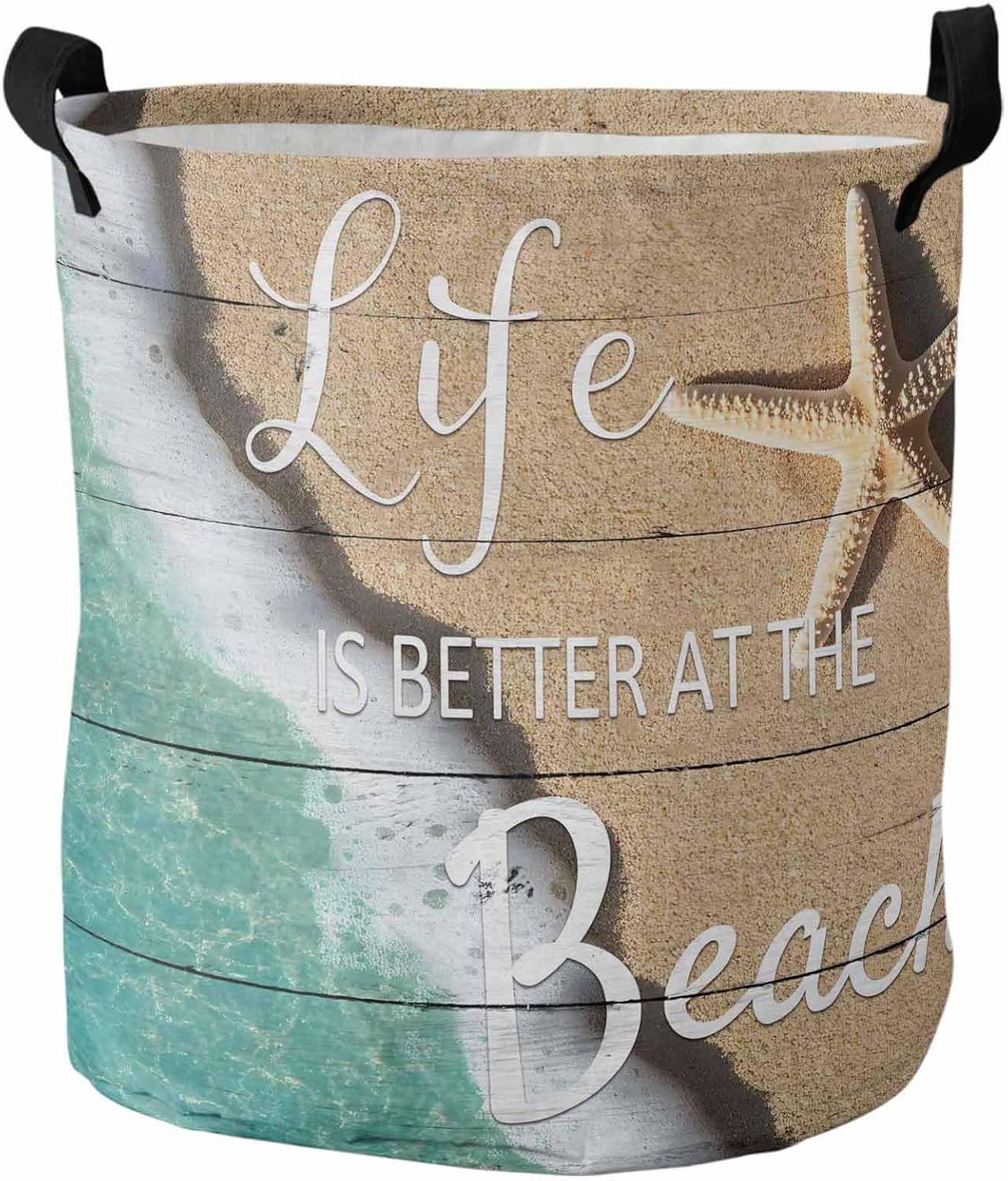Laundry Basket Summer Coastal Starfish Teal Sea,Waterproof Collapsible Clothes Hamper Life is Better at Beach Seashells Farm Wood Planks,Large Storage Bag for Bedroom Bathroom 16.5x17In