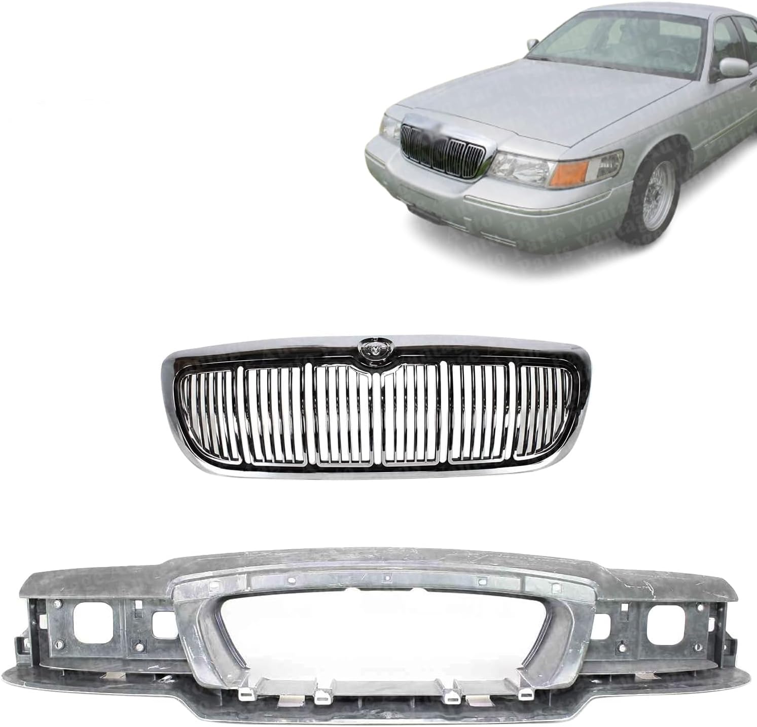 Set of 2 Front Header Panel + Grille Assembly Kit Compatible with Mercury Grand Marquis 1998-2002 | DIRECT REPLACEMENT | F8MZ8200AA YW3Z8190AA | ‎‎FO1220214 FO1200353