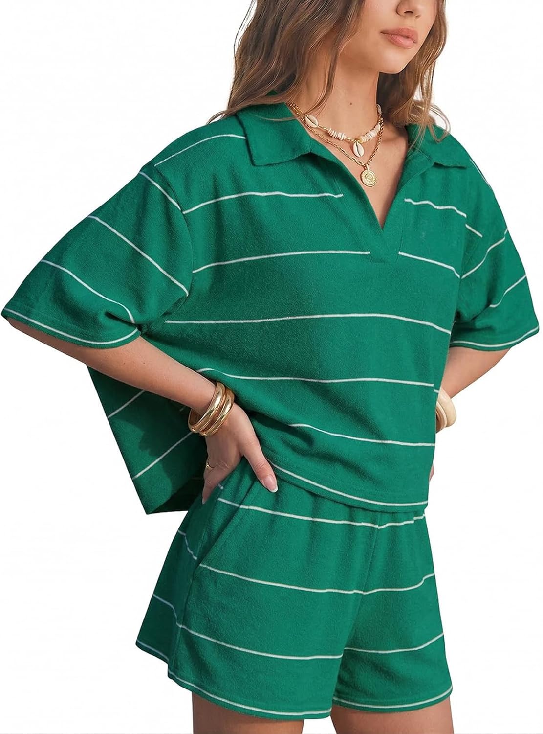 EXLURA Women Summer 2 Piece Outfits Faux Cashmere Sweater Knit Oversized Polo V Neck Top Matching Shorts Vacation Lounge Sets