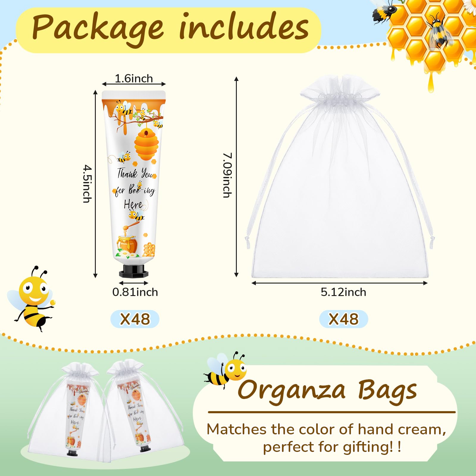 48 juegos de crema de manos para baby shower, miel de abeja, recuerdos para baby shower, crema de manos de agradecimiento para invitados, loción de viaje con bolsas de organza.