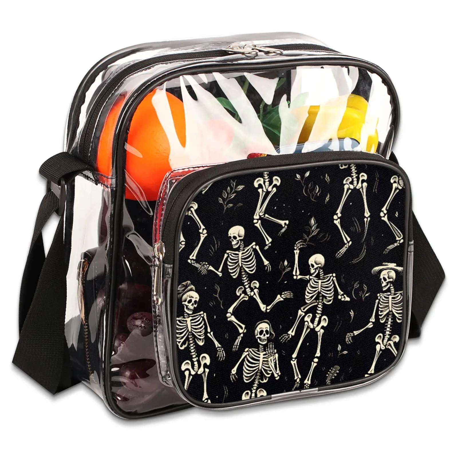GzLeyigou Clear Crossbody Bag Stadium Approved Happy Skull Transparent Bag for Festivals, Sports Events, Concerts,Beach Bag for Women Men Halloween Clear Purse with Front Pocket Messenger Bag
