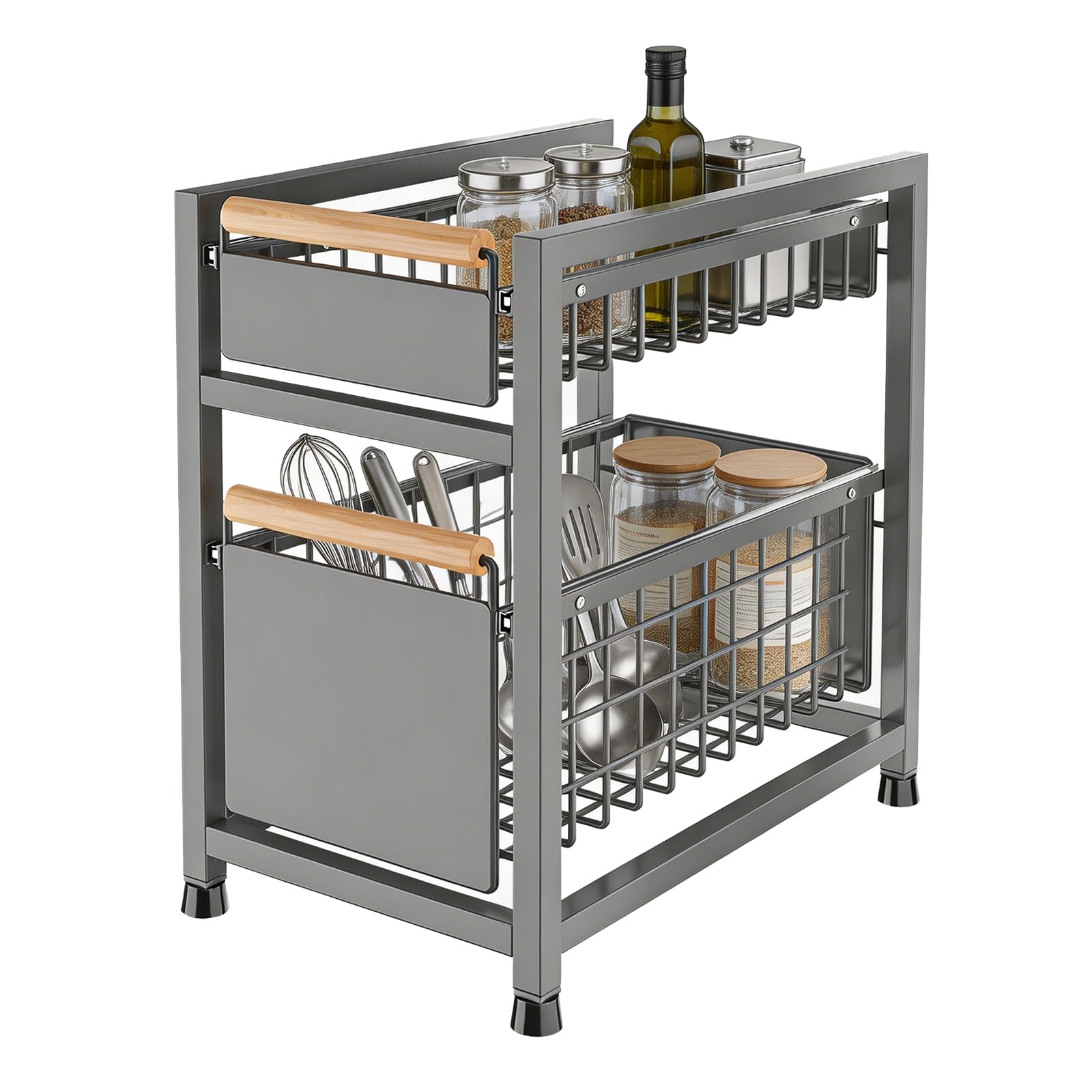 Schrank Organizer Ausziehbar, Küchen Organizer Spüle Unterschrank Regal, 2 Etagen Metall Ablage mit Holzgriff, Rostfrei & Stabil für Bad & Küche, 39x24x42cm-Grau