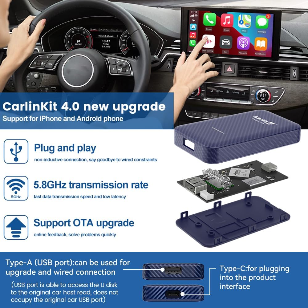 CarlinKit 4.0 adapter highlighting plug and play, 5.8GHz transmission, and OTA upgrade
