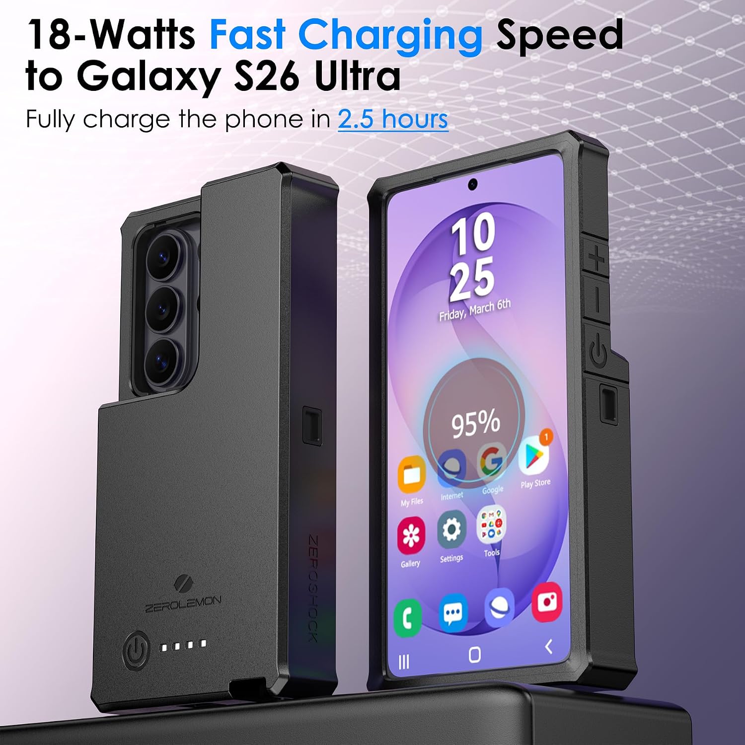 ZEROLEMON Samsung Galaxy S26 Ultra 10000mAh Rugged Charging Case | 18W Fast Speed to Galaxy S26 Ultra | ZeroShock Extended Charger Case Cover for S26 Ultra 6.9-INCH Black