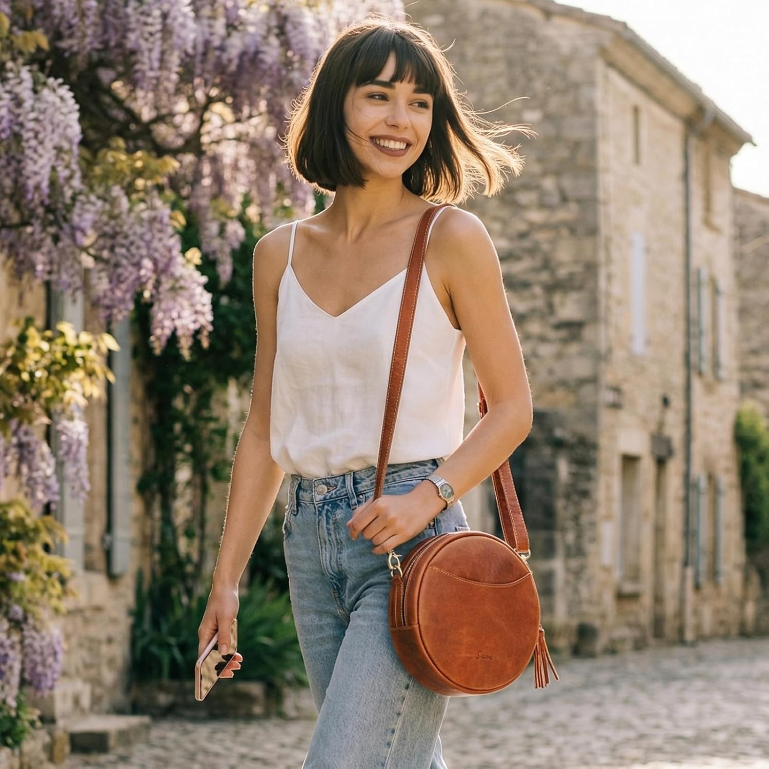 S-ZONE Leather Crossbody Bags for Women Trendy Circle Cross Body Shoulder Bag Designer Round Purses - Image 3