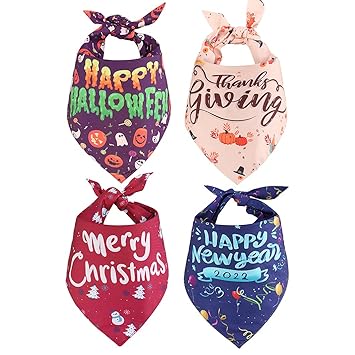4 Packs Dog Bandanas Halloween Christmas New Year Holiday Elements Printed Gifts for Small Medium Large Cats Dogs