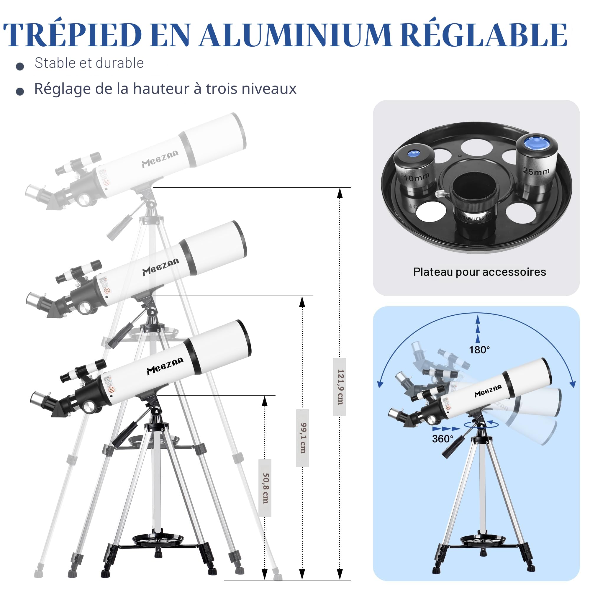 MEEZAA Télescope, Télescope Astronomique Adultes, 80/600mm Réfracteur Télescopes pour Enfants et Débutants, Portable et Puissant 24x-180x avec Adaptateur Téléphone, Trépied et Sac - Observer la Lune