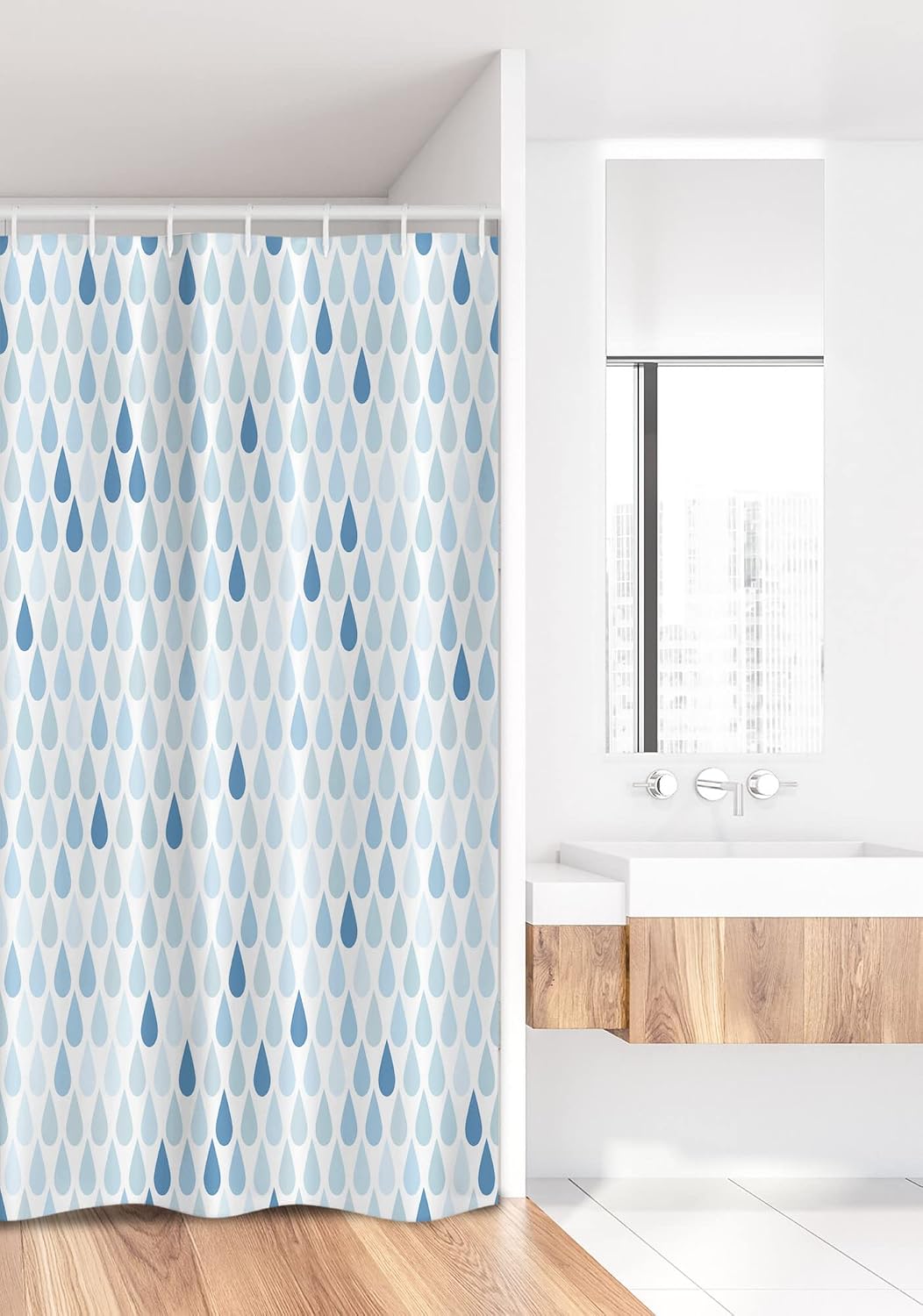 Ambesonne Blue and White Stall Shower Curtain, Minimalist Rain Drops Motive in Tones Tears of Earth Air Gravity Image Art, Fabric Bathroom Decor Set with Hooks, 36" W x 72" L, Soft Blue