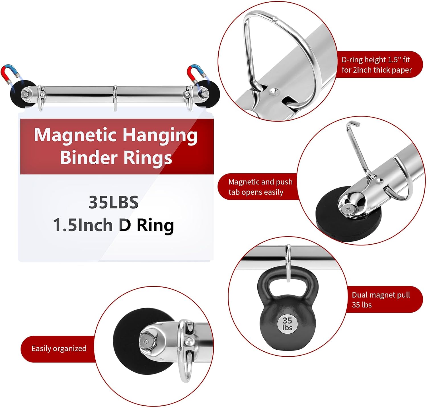 DLUGOPIS 10 Pack 3 Ring Magnetic Binder Mechanism 1.5 inch D Shaped Binder Rings for Hanging 8.5 x 11 Inch Sheets of Paper, Silver