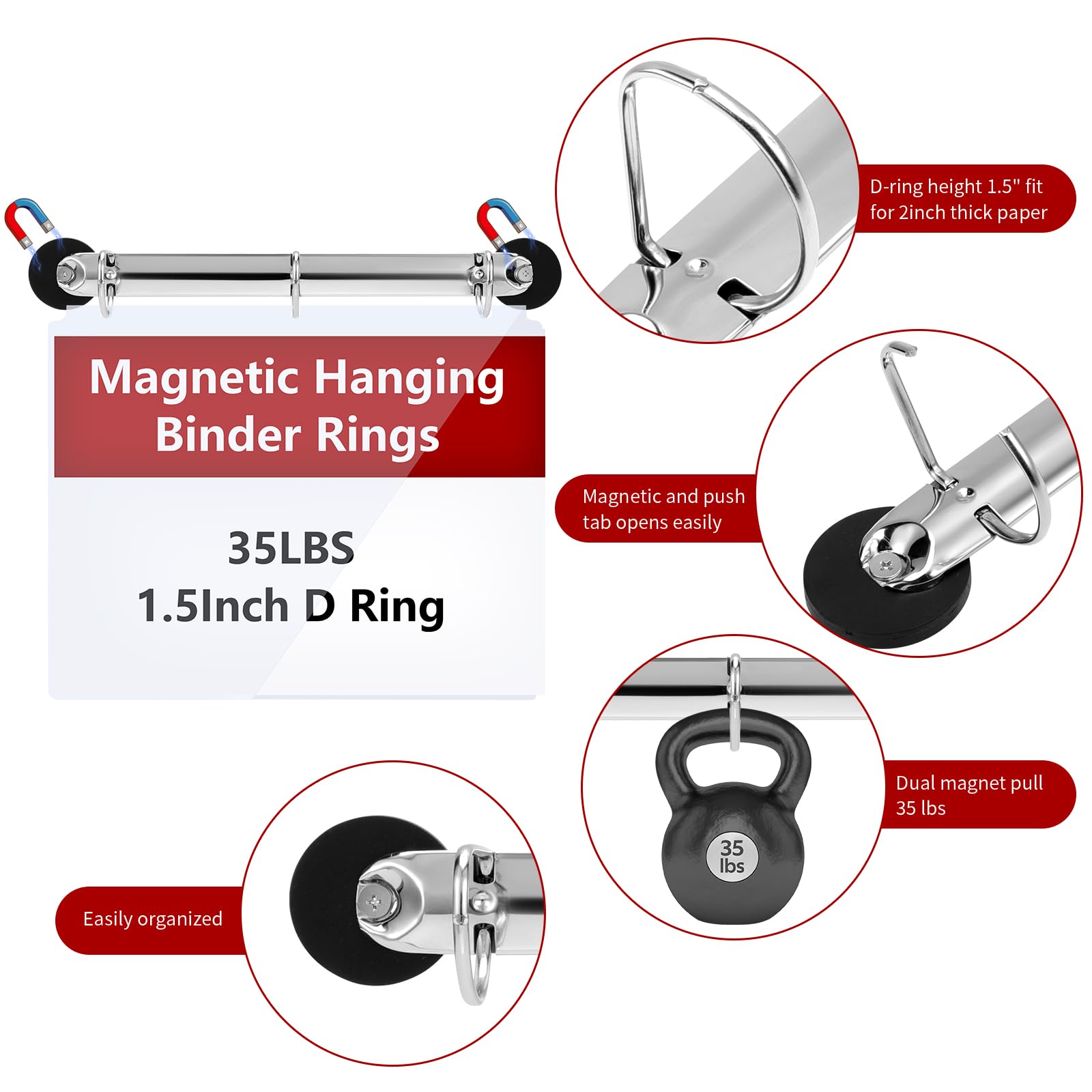 Confezione da 5 anelli con meccanismo a 3 anelli, 3,8 cm, per fogli da 21,5 x 28 cm, anelli magnetici a D