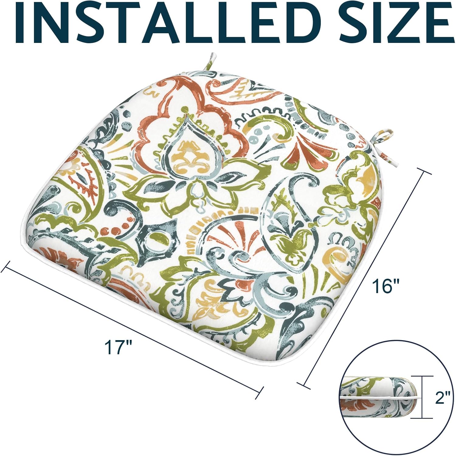 Outdoor/Indoor Chair Cushions with Ties, Waterproof All Weather Seat Cushions for Patio Furniture Home Garden Chair, Set of 4, 16x17 Inch, Paisley Botanical