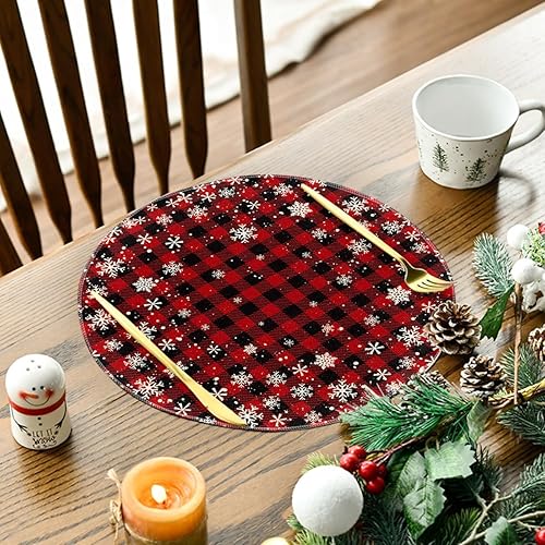 Miniatura 3 de Artoid Mode Juego de 6 manteles individuales redondos de Navidad con diseño de copos de nieve de búfalo rojo y negro, manteles individuales redondos
