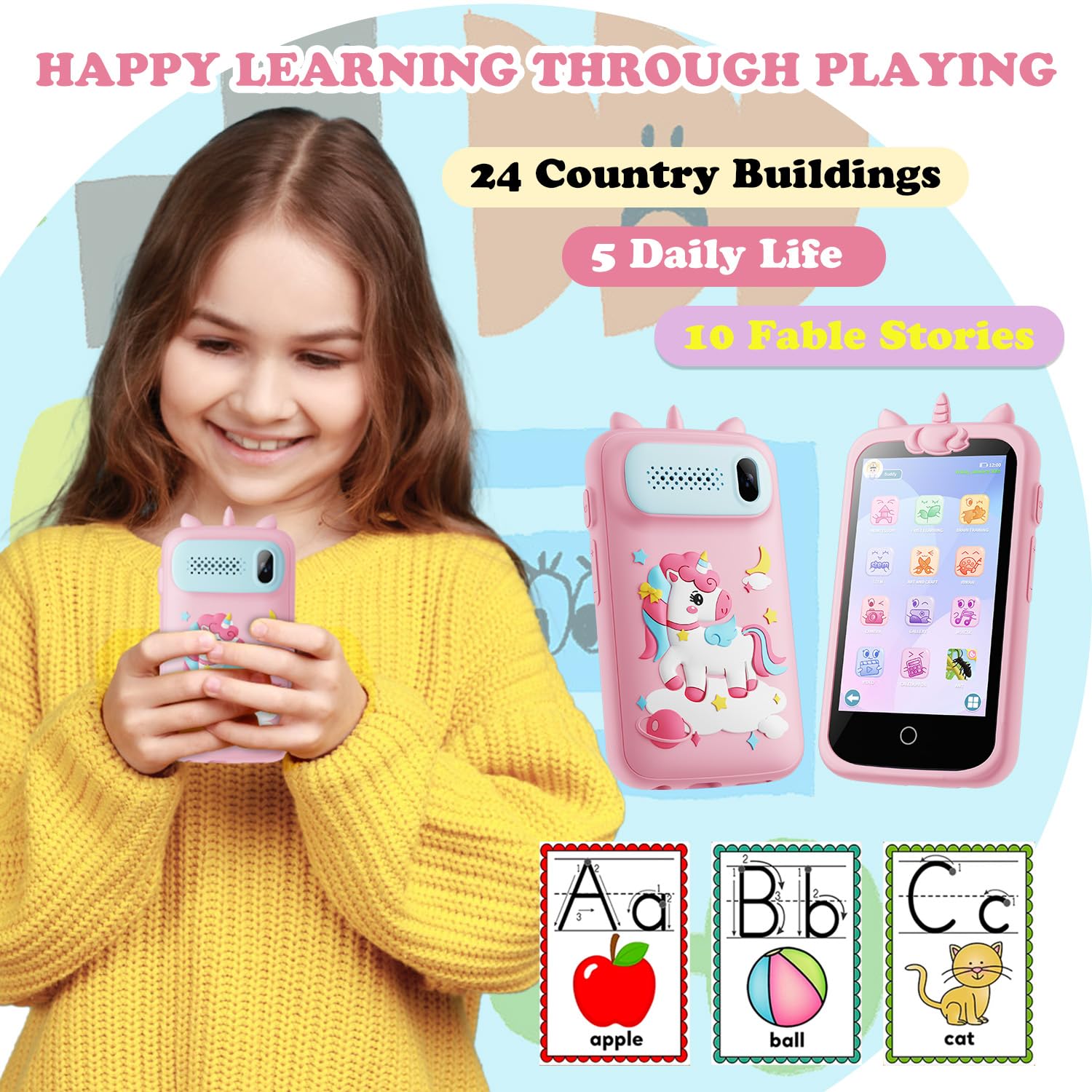 Smartphone Giocattolo per Bambini, 3.97" Cellulare Giocattolo Regalo Natale/Compleanno, 200+ Puzzle Gioco Smartphone Bambini, 2000mA Telefono Finto per 3 ai 12 Anni (Blu) (D2-pink-1)