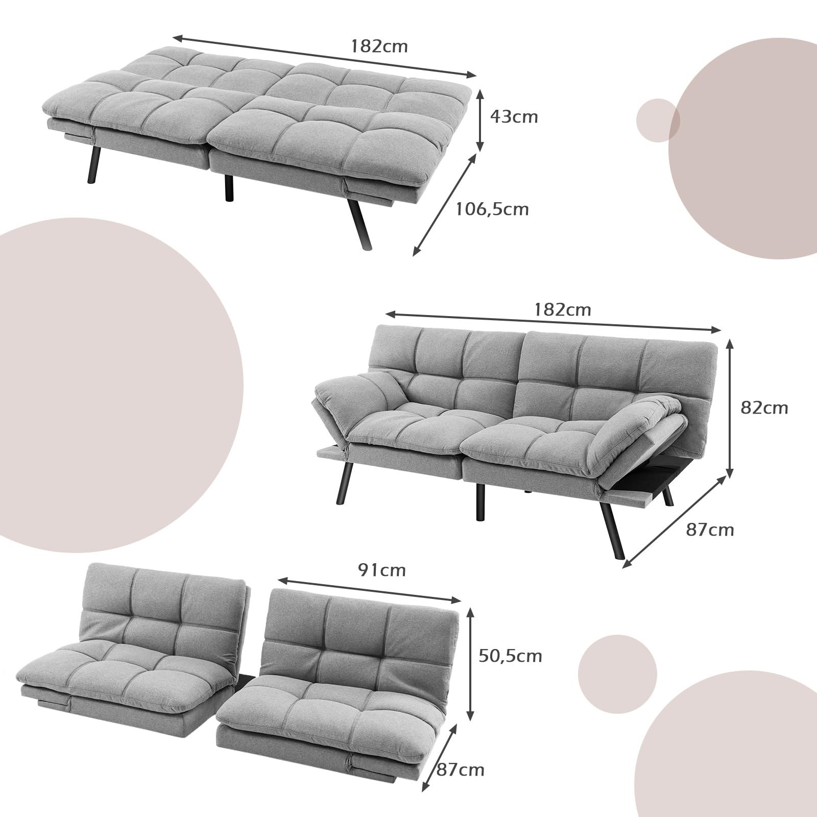 GOPLUS Kanapa z funkcją spania, sofa rozkładana z funkcją spania, 2-osobowa sofa z regulowanymi podłokietnikami, oparcie odchylane 105°/145°/180°, powierzchnia leżenia 182 x 106,5 cm, łóżko-sofa do