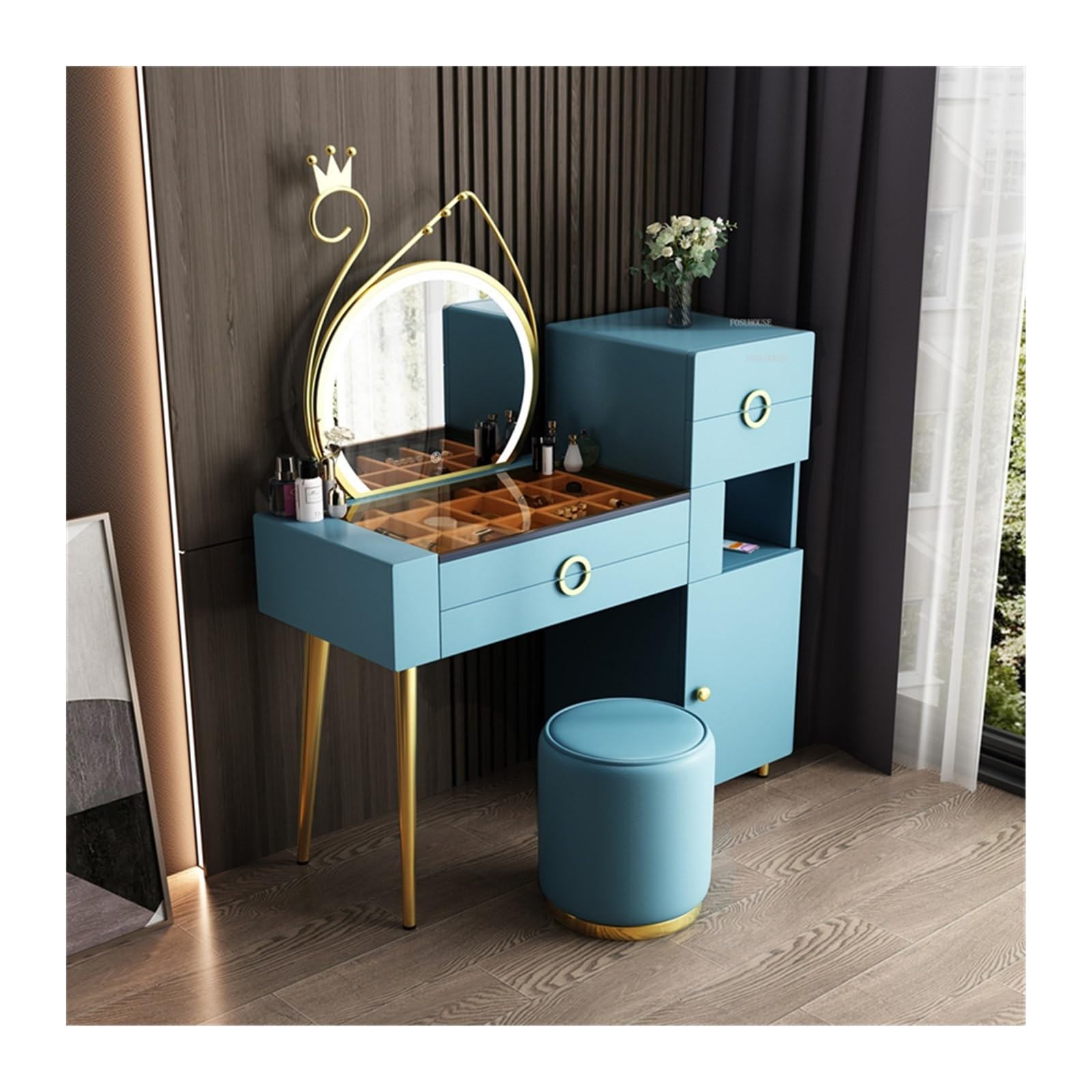 Schminktisch Schminktisch mit Schubladen, Spiegeln und Hockern, Schminkschrank Stauraum(Blue)
