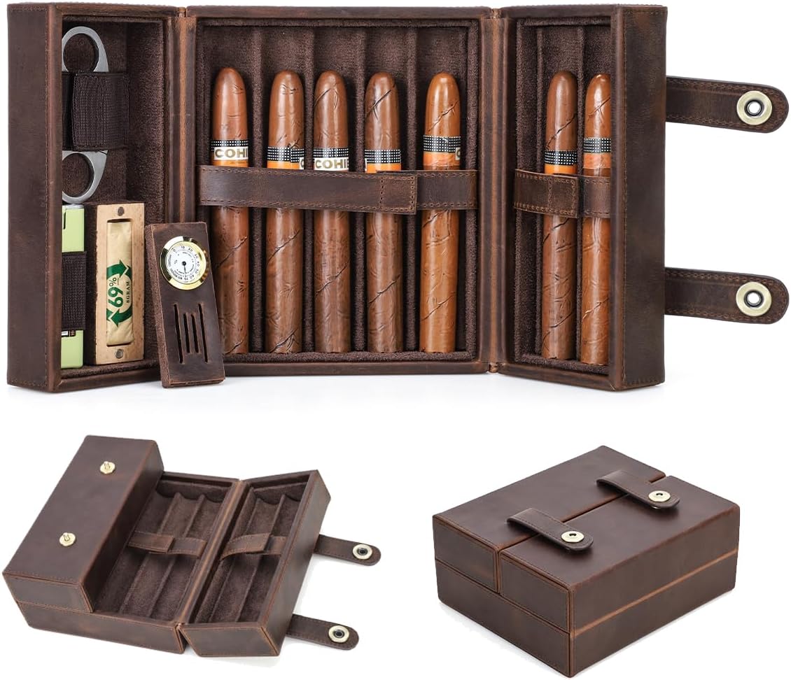 Contacts Cigar Case for 7 Full Grain Leather Travel Cigar Humidor 7 Cigars Accessories Organizer for Cigar Cutter Lighter Built-in Hygrometer Humidifier