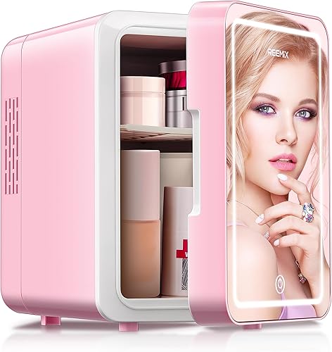 Reemix Refrigerador para el cuidado de la piel, mini refrigerador de belleza con espejo LED, refrigerador pequeño portátil de 4 litros para
