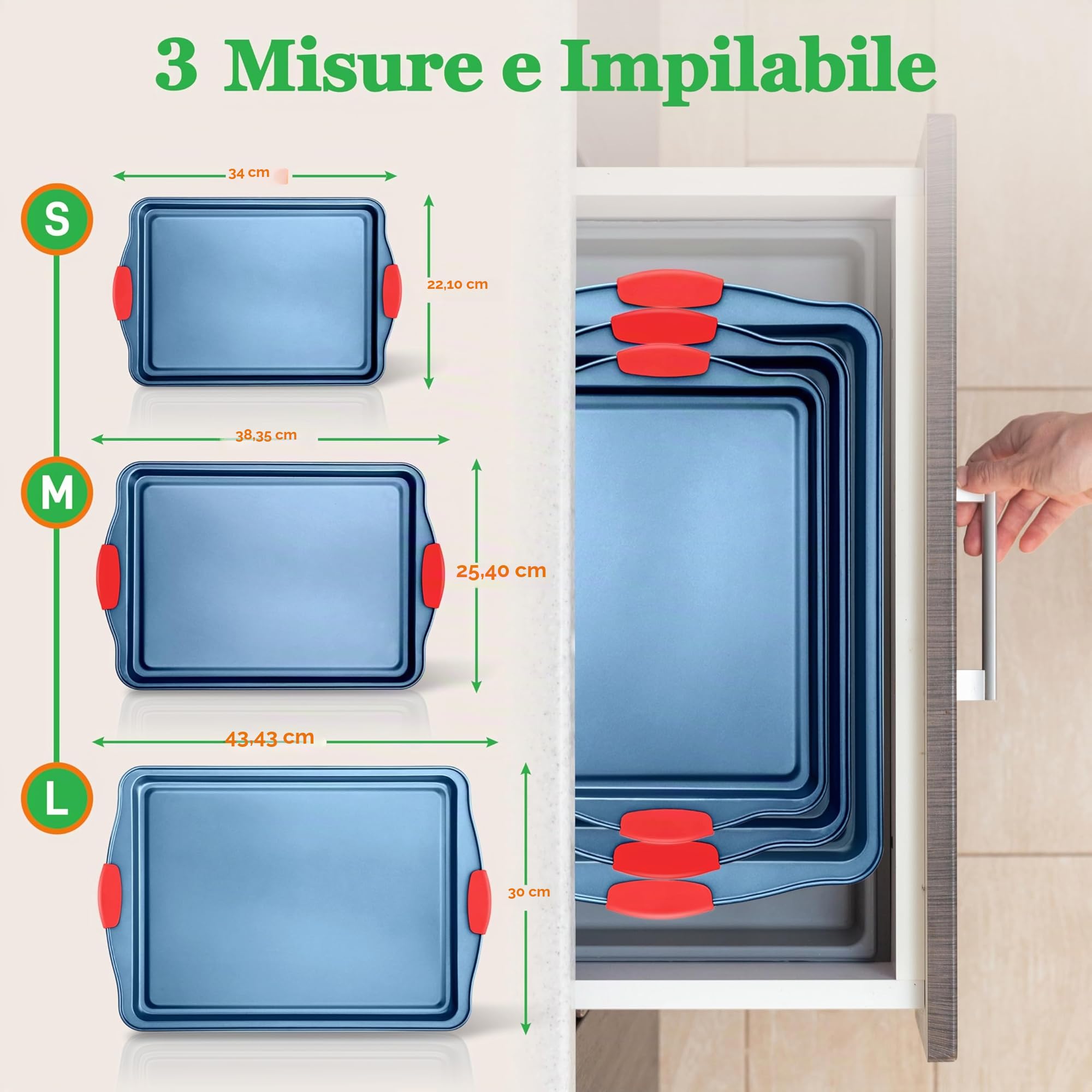 NutriChef Set 3 Teglie Forno Antiaderenti in Acciaio al Carbonio con Manici in Silicone, Teglie da Forno Grandi Medie e Piccole per Biscotti, Dolci, Pane, Blu