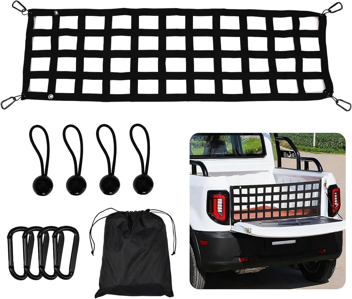 JSCARLIFE Heavy-Duty Truck Tailgate Net 60″x18″ - Cargo Load Securer with 4 Bungee Balls & Hooks, Universal Polyester Mesh Netting for Pickup Bed, Anti-Slip Anti-Shift