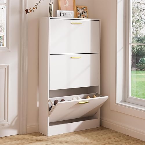 Miniatura 9 de LYNSOM Juego de 2 zapateros, organizador de zapatos con 3 cajones abatibles, moderno almacenamiento de zapatos de entrada con pantalla superior,