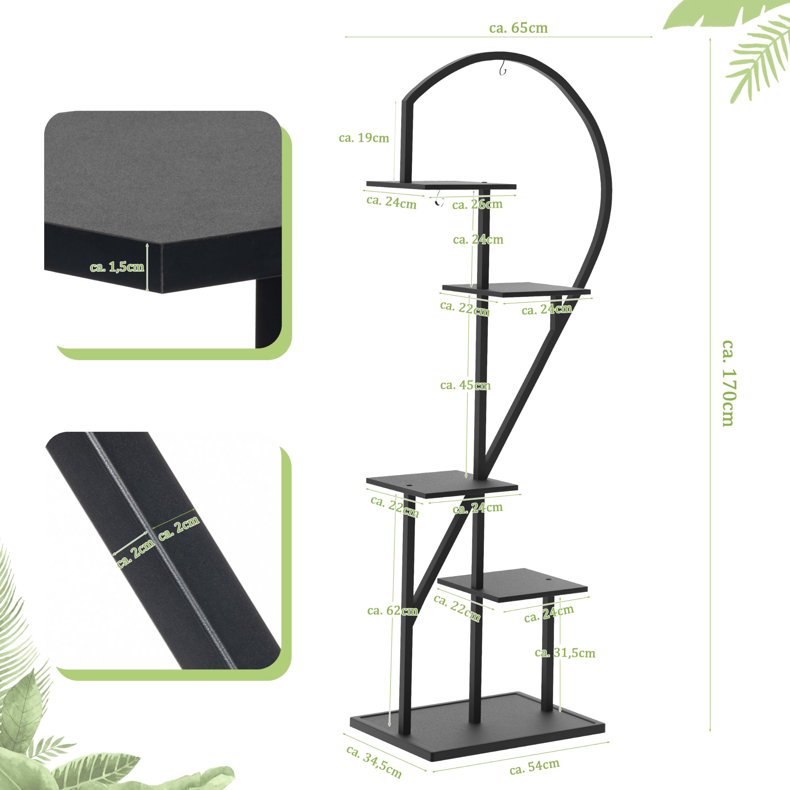 Ribelli 5-stufiger Metall-Pflanzenständer in Herzform 170 cm, Pflanzenregal mit 5 Ablagen & 4 Haken, Hoch Blumenständer Pflanzentreppe mit Kippschutz für Balkon Wohnzimmer Terrasse, Schwarz