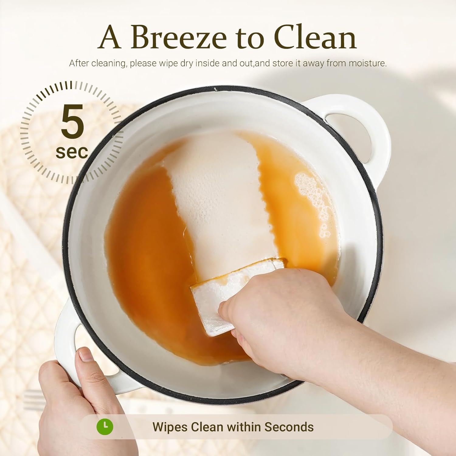 Overmont Enameled Cast Iron Dutch Oven - 5.5QT Pot with Lid Cookbook & Cotton Potholders - Heavy-Duty Cookware for Braising, Stews, Roasting, Bread Baking Pearl White - Image 3