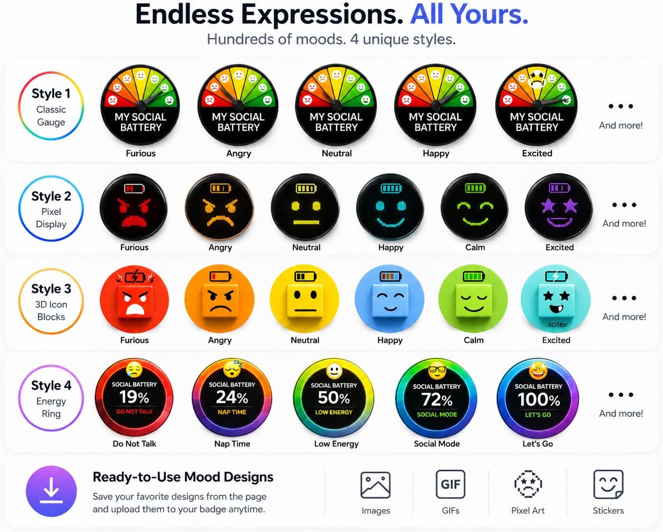 Smart Mood Pin Customizable Image GIFs Sideshow & Videos Digital Pin Badge, 1.85" HD IPS Touch Display Wearable Mini Screen for self‑expression, cheering, support, event, anime cosplay fandom image 3