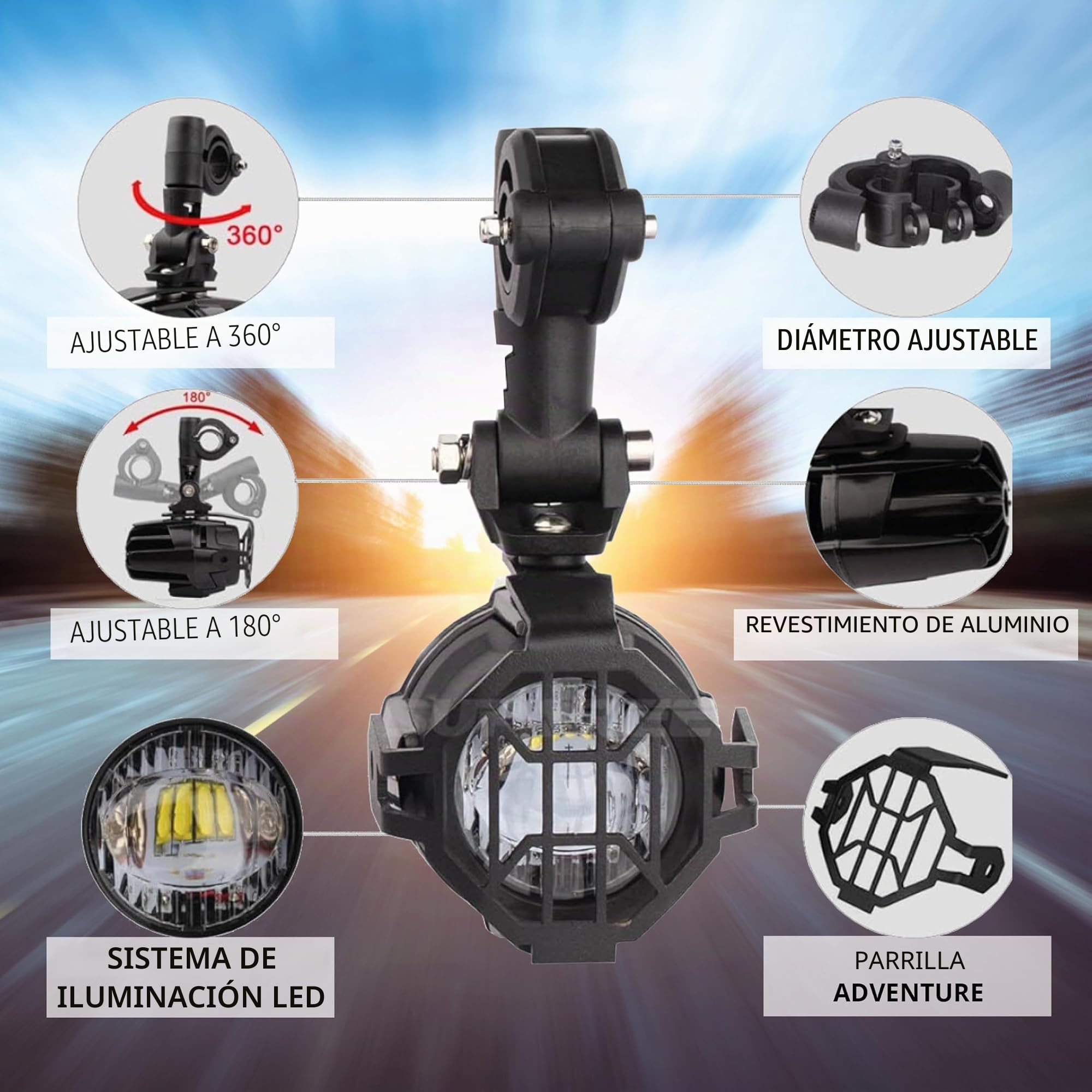 PASSION MOTO Luces adicionales LED antiniebla de largo alcance para moto quad 6000 lm potentes + rejilla de protección + cableado con relé CNC IP68