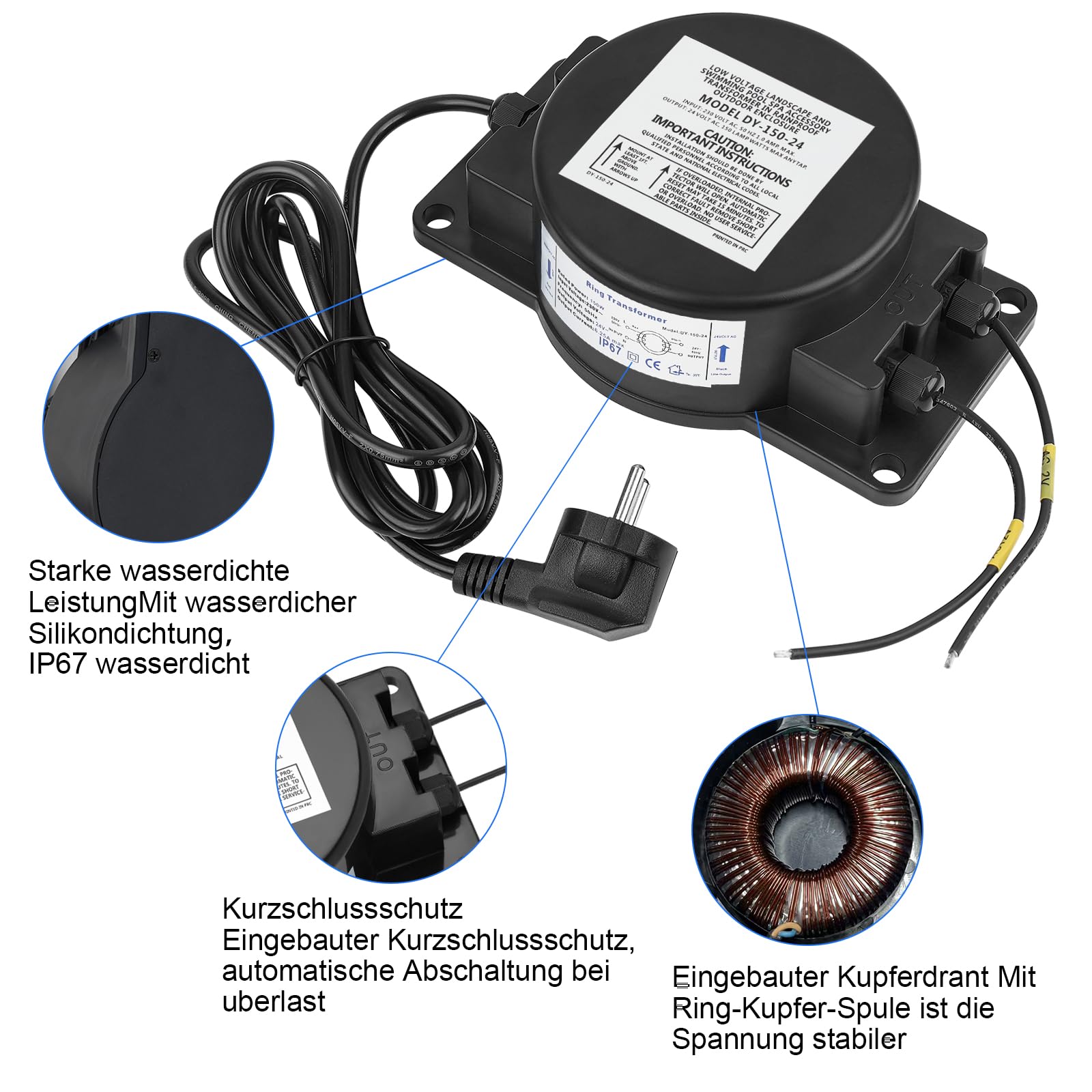150W Transformador de iluminación de piscinas 24V AC, Transformador de baja tensión IP67 Transformador de anillo para iluminación de piscinas, iluminación de paisajes y fuentes | Transformador de bajo voltaje para iluminación de piscinas, iluminación de p