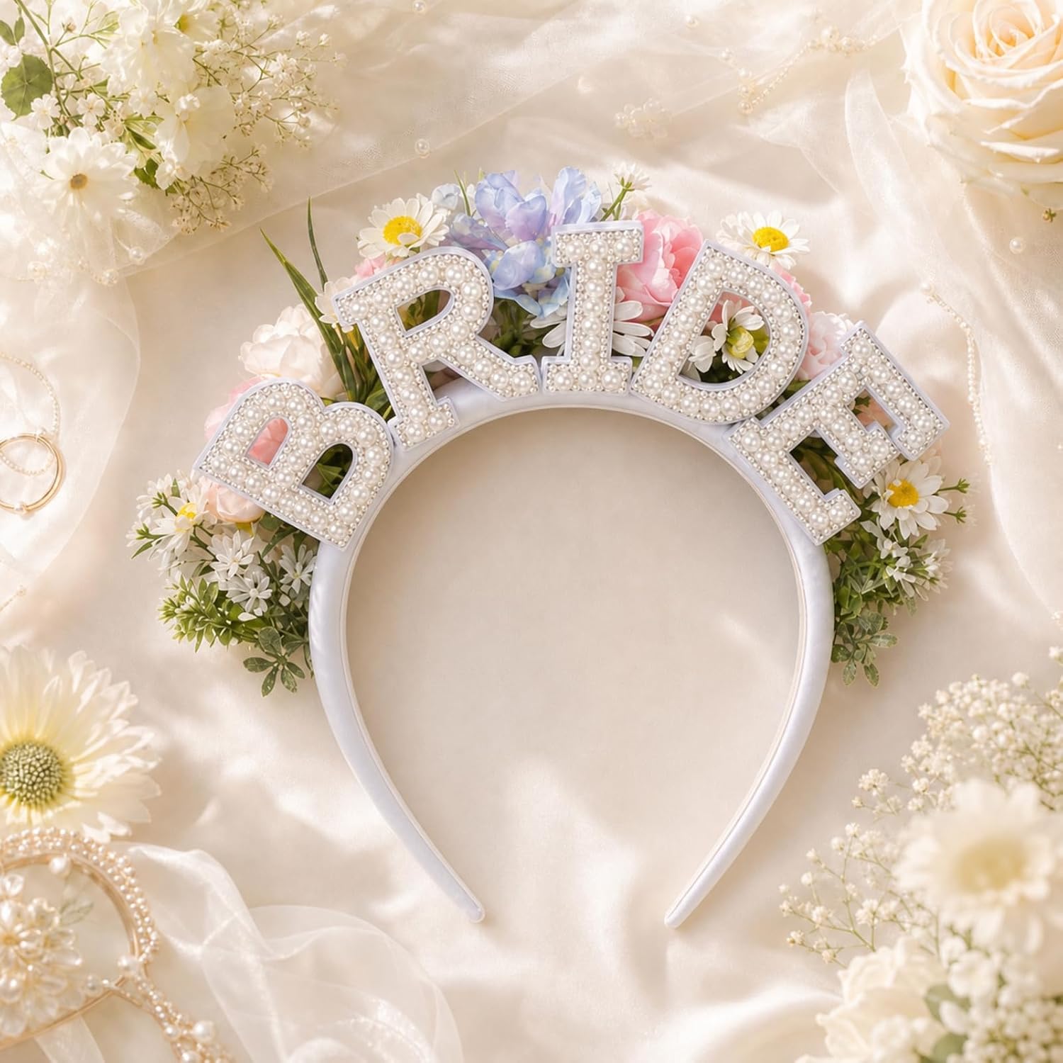 Canlierr Bride Flower Headband Wedding Gift, Pearl Letters Crown