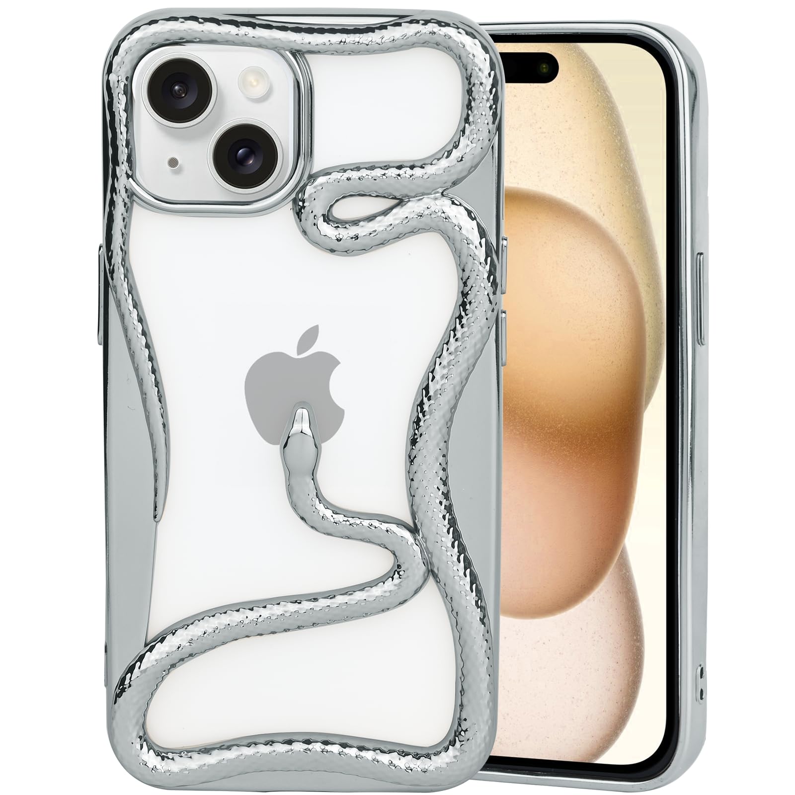 Cool 3D Snake Cases for iPhone 16 Plus, Creative Hollow Dissipate Heat Design Soft Electroplated Shockproof Cover for iPhone 16 Plus Silver