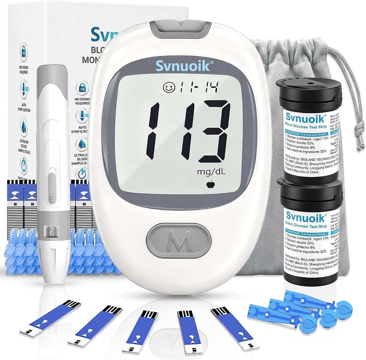 G-430 Blood Glucose Monitor Kit, 100 Test Strips, 100 Lancets | No-coding blood sugar testing kit with 5-second results, 0.7 µL sample, meal markers, 500-reading memory, and strip ejector.