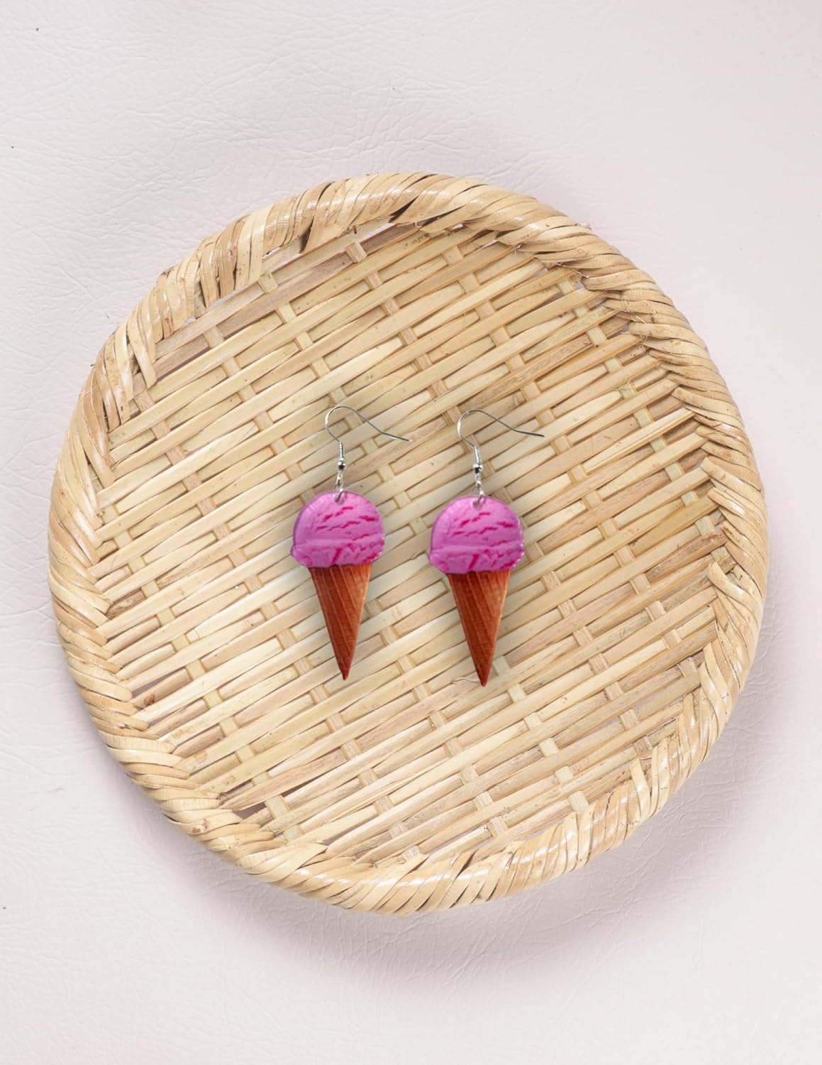 Ice Cream Cone Dangle Earrings, Pink Strawberry Design, 2 Inch Novelty Statement Jewelry - Image 3