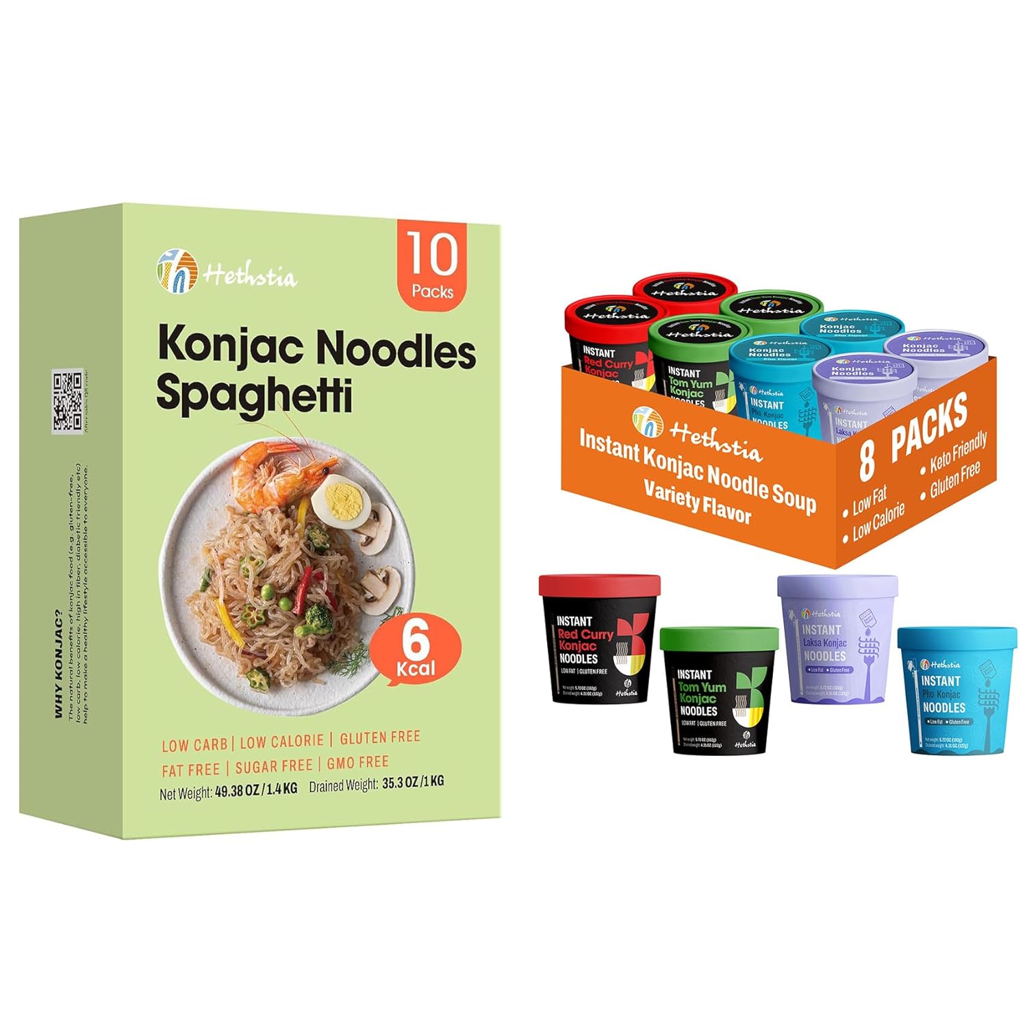 Hethstia Konjac Shirataki Noodle Cups & Konjac Spaghetti 18 Pack