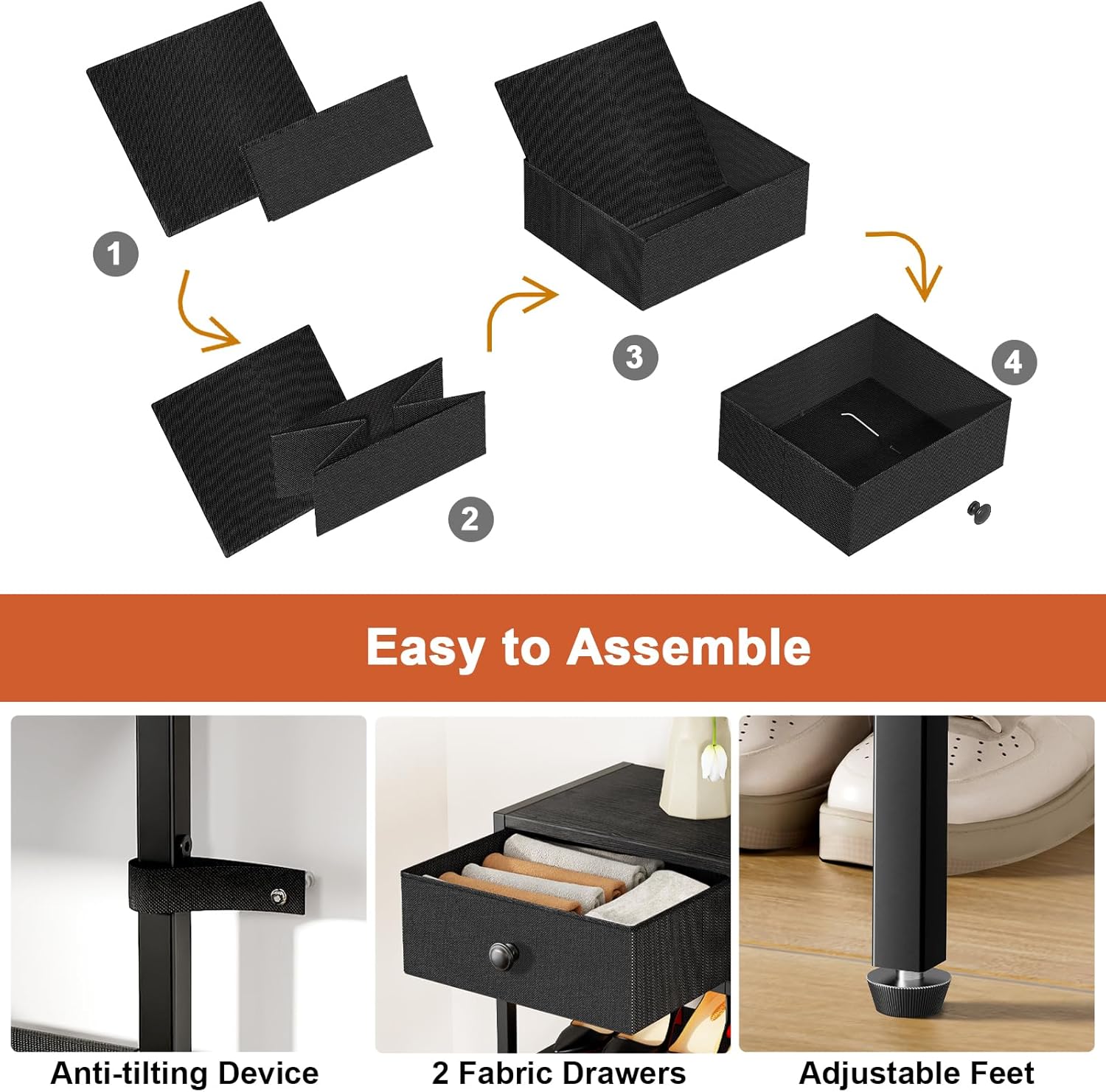 Shoe Rack, 5 Tier Shoe Organizer with 3 Drawers, Metal Shoe Storage for 24-30 Pairs of Shoes with Fabric Shelves and Wooden Top, Narrow Shoe Shelf for Closet Entryway Black