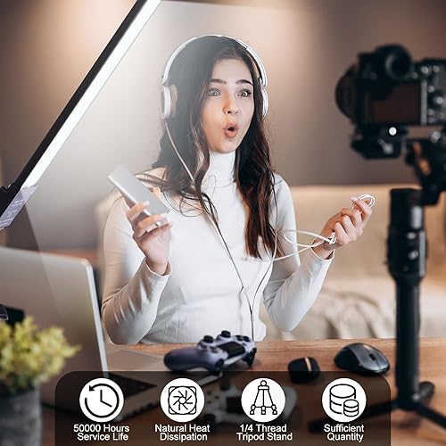 Miniatura 6 de Xuhal Juego de 2 varitas de iluminación LED bicolor, luces de fotografía ajustables con trípode de 22-63 pulgadas, 3200K-5500K, 192 luces de relleno