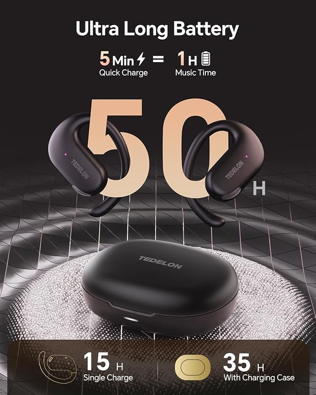 Open Ear Earbuds, 50H Open Ear Headphones Bluetooth 5.4, IPX6 Open Ear buds Wireless with Adjustable Ear hook, Hi-res Stereo, AI Clear Call, Lightweight, Wireless Over Earbud for Workout, Gym, Running image 3