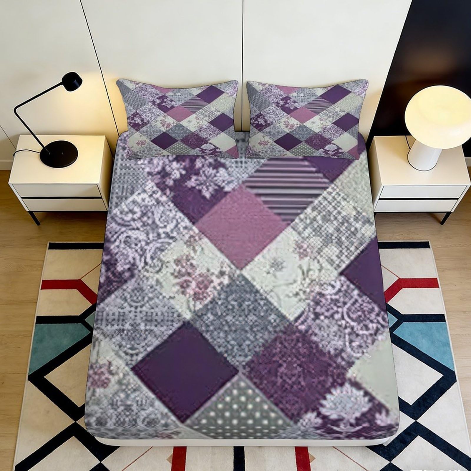 Uynsixtme Style-1 3D Printed Patchwork Floral Fitted Sheet Microfiber Deep Pocket Non-Slip Bedroom Bedding Patchwork Mattress Fitted Cover Washable 140X200x25cm