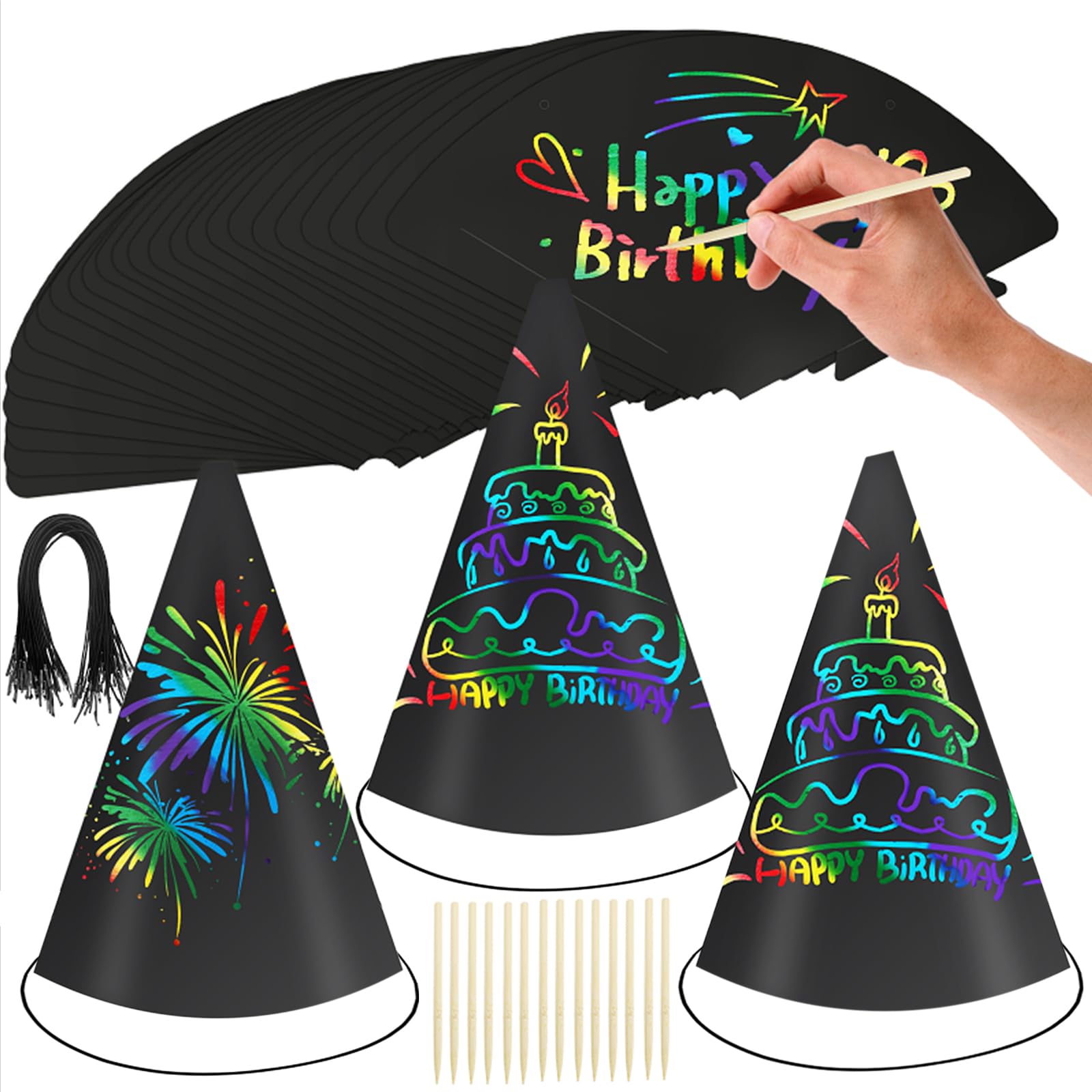 SAYAYA 72 PCS Rainbow Scratch Party Hats Bulk Colorful DIY Birthday Cone Hats for Kids and Adults, Fun Birthday Decoration Supplies for Parties and