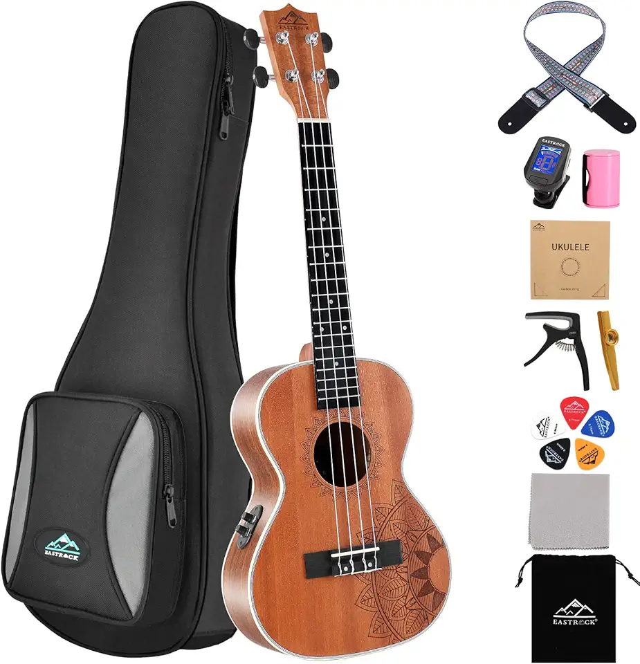 EASTROCK Ukulele Tenor Ukelele Sapele Equalizador Elétrico Embutido Ukulele 66 cm Pacote Grande Ukulele Ukalalee Adequado para adultos, Iniciantes. (26-Sapele-EQ)