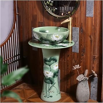 Pedestal Sink Handcrafted Ceramic wash Basin Pedestal washbasin, Kaolin Clay Pedestal Sink Round Freestanding Sink for Indoor and Outdoor,A,D-Without Mirror
