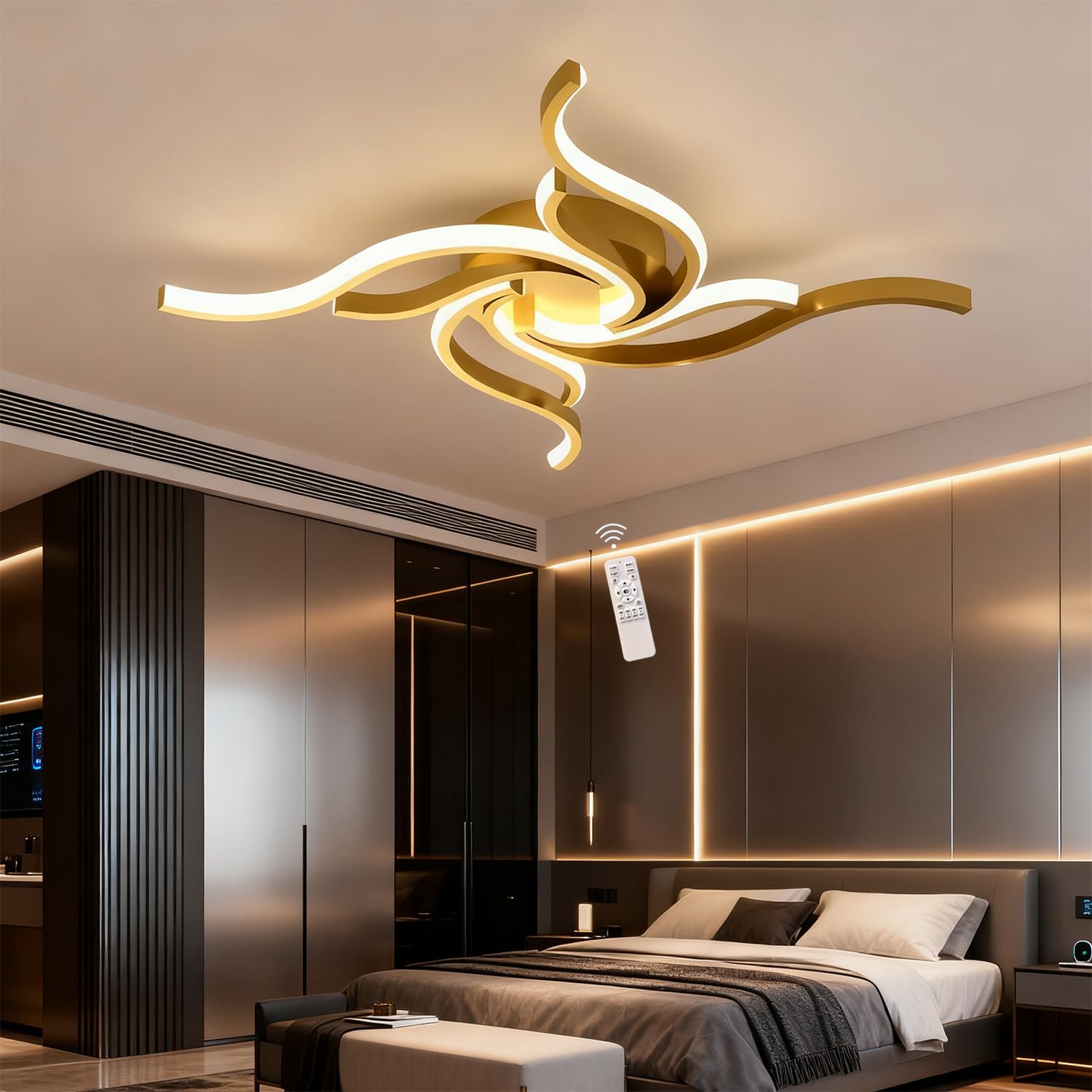 Hsyyz LED Ceiling Light, Dimmable Bedroom Ceiling Lamp with Remote Control,Modern Creative Floral Type Ceiling Lighting,Flush Mount Chandelier Fixture for Bedroom Kitchen Office,3000K-6000K (Gold)