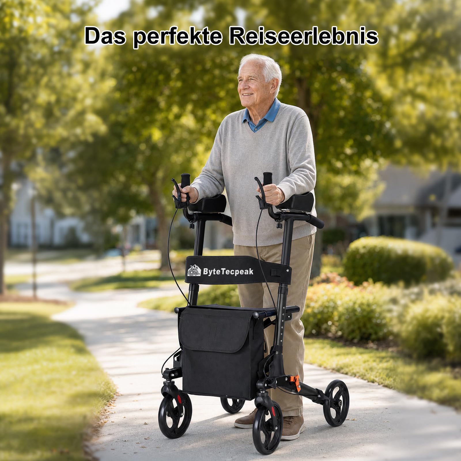 R2 Rollator Faltbar und Leicht mit Sitz, Rollatoren Schmal für Wohnung, Gehhilfe Rollator für Senioren Klappbar, ausgestattet mit verstellbaren Unterarmauflagen, belastbar bis 100 kg, Schwarz