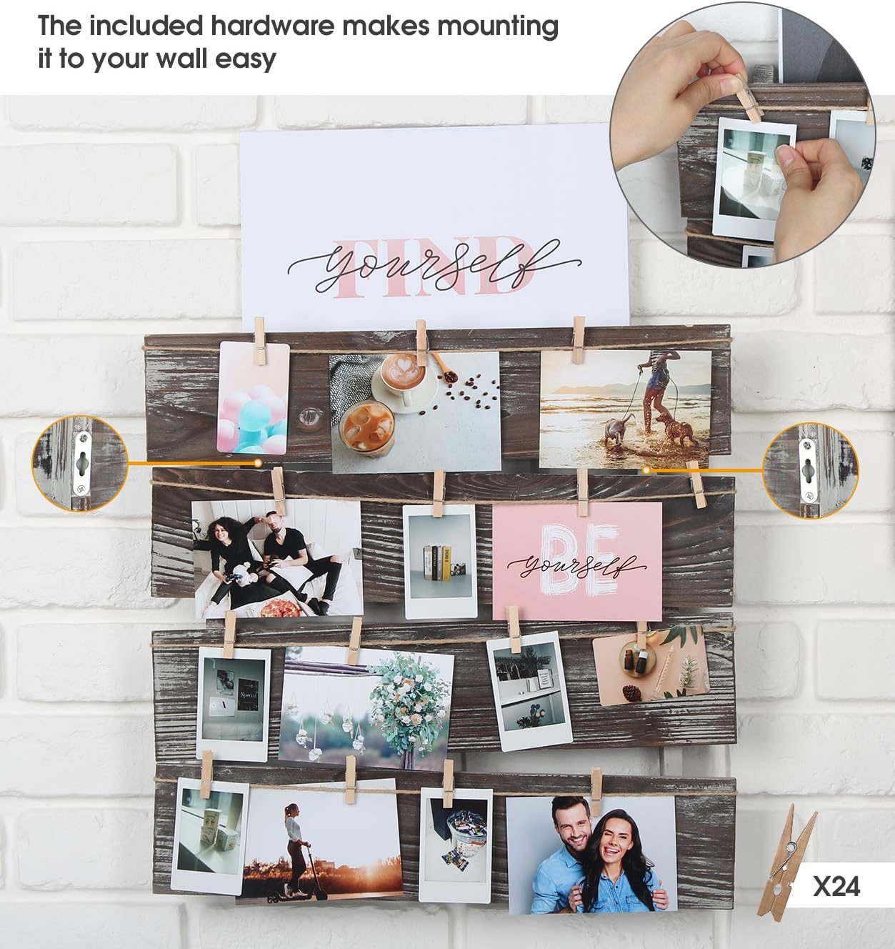 J JACKCUBE DESIGN Wall Mount Rustic Wood Clip Photo Holder, Photo Collage Frame for Multi Photo Display Wall Décor with 24 Clips 17.5 X 17.3inch - MK558A