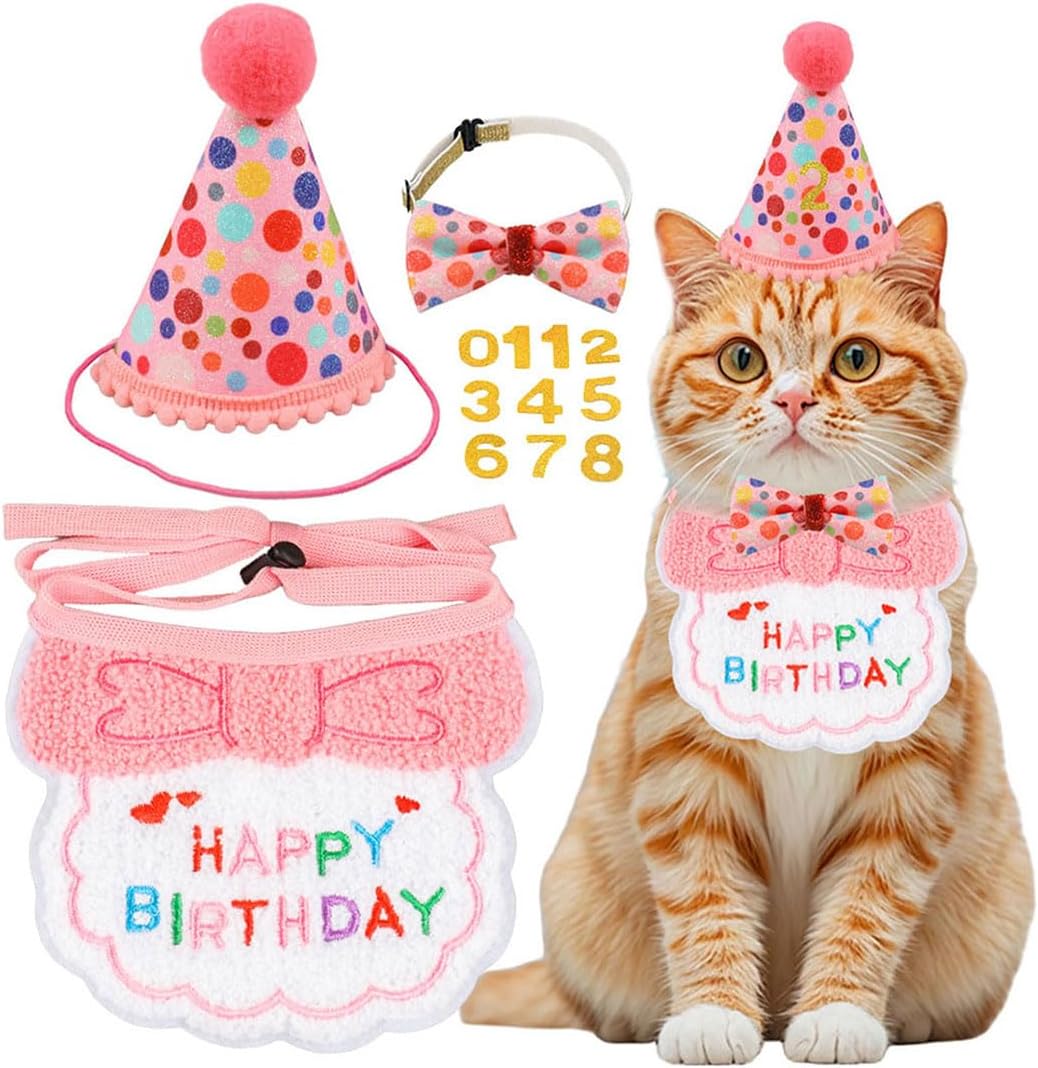 Cat Birthday Party Supplies, Girl Boy Cat Kitten Birthday Bandana Hat Numbers Decorations Outfits Set, Pink