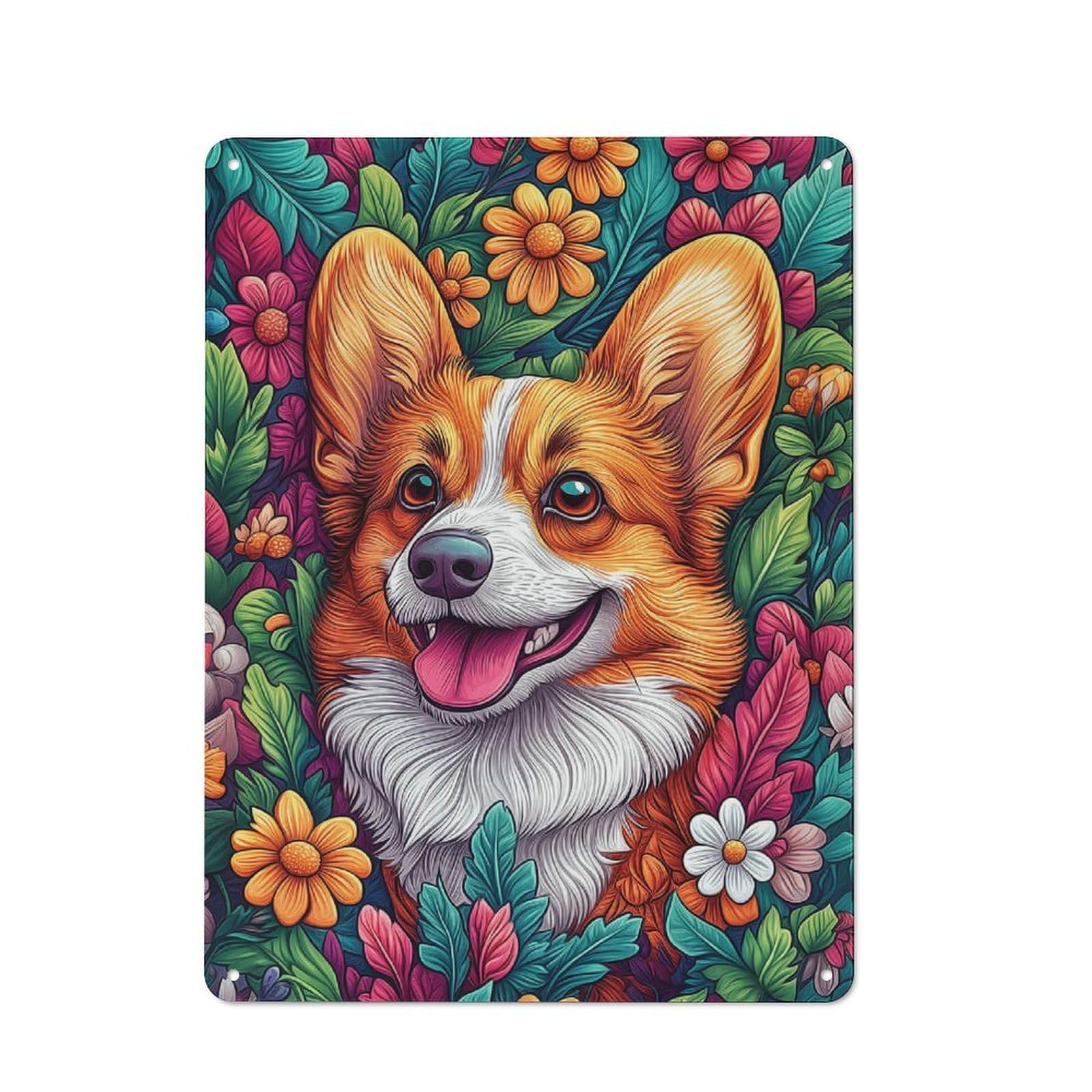 Junmoney Style-19-1 Decorative Metal Plaque With Welsh Corgi In Flowers Design 40X30cm, Modern Retro Studio Wall Art For Workspace, Cafe, Hallway Or Garage