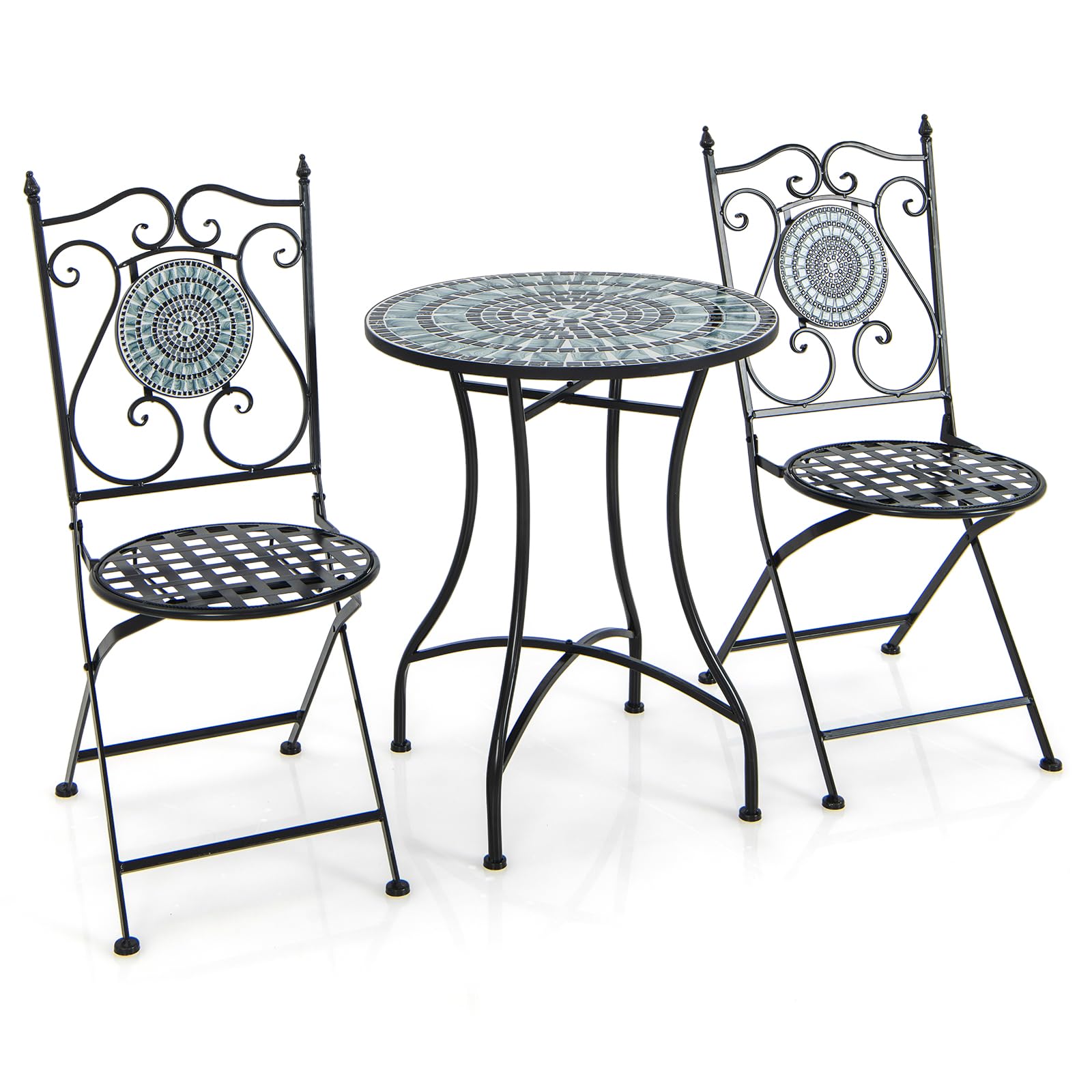 COSTWAY 3 Piece Patio Bistro Set, Mosaic Metal Dining Set Garden Round Table with 2 Folding Chairs, Indoor Outdoor Conversation Furniture Set for Balcony Yard Poolside